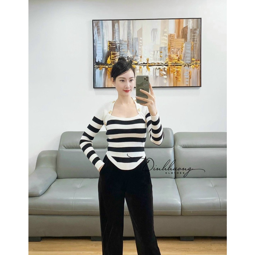 Áo len nữ kiểu, áo len tay dài phối cúc vàng sáng choang gấu vạt style cực đẹp lên form cá tính hàng quảng châu loại 1