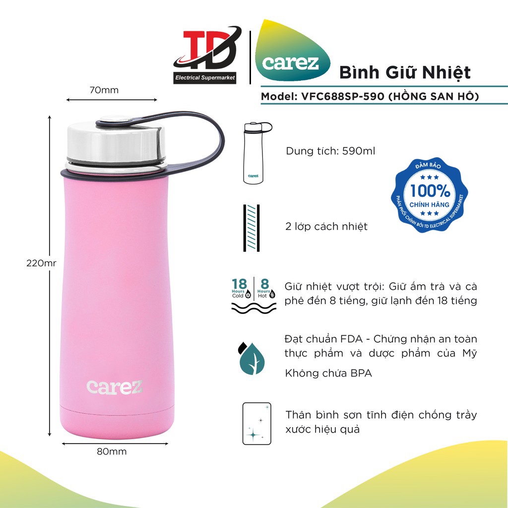 Bình giữ nhiệt thể thao CAREZ VFC688SP-590ML, Inox 304, Không chứa BPA màu hồng san hô trẻ trung