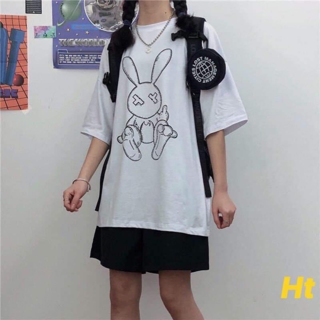 Sét áo thỏ rabit + quần đùi trơn đen HT11