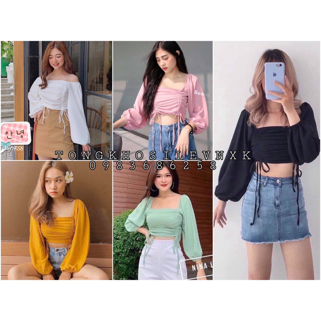 ÁO CROPTOP TAY DÀI CỘT DÂY 2 BÊN NHIỀU MÀU - CROPTOP RÚT DÂY TAY PHỒNG HỒNG VÀNG XANH ĐEN TRẮNG - CROPTOP TRỄ VAI CỔ VUÔ