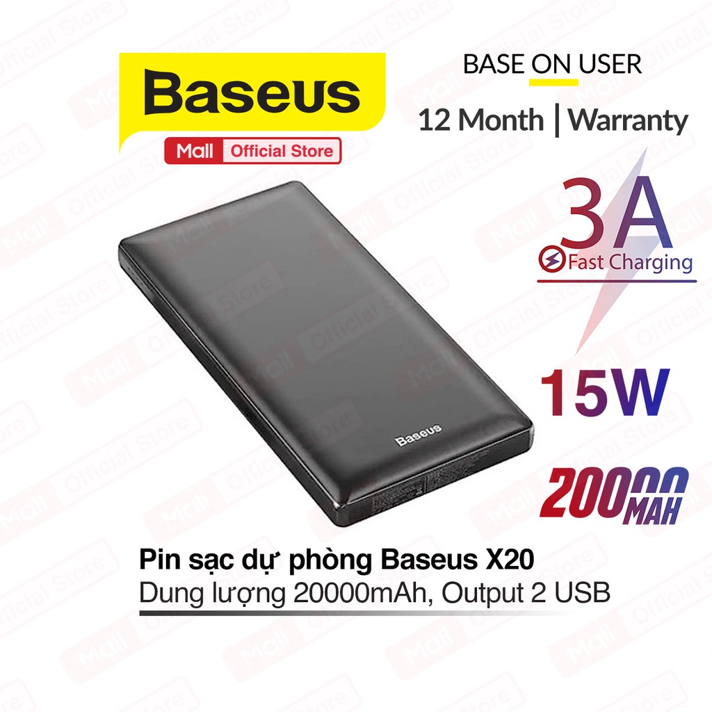 Pin sạc dự phòng Baseus X20 Mini JA 20000mAh sạc nhanh 3A thiết kế dạng sọc nhám chống trơn, chống bám vân tay