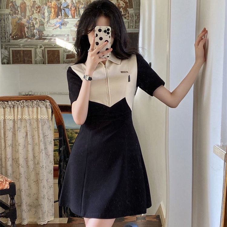 Đầm Tay Ngắn Cổ POLO Màu Sắc Tương Phản Thiết Kế Xẻ Tà Phong Cách Hàn Quốc Cho Nữ