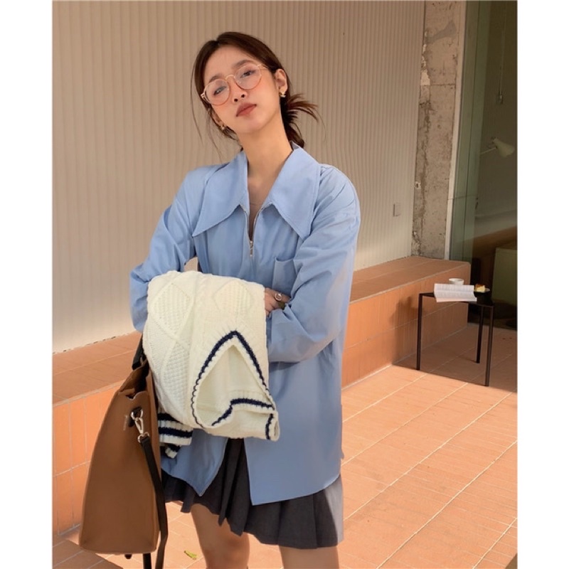 Áo sơ mi nữ dài tay dáng rộng phối khoá kéo thiết kế phong cách Hàn Quốc