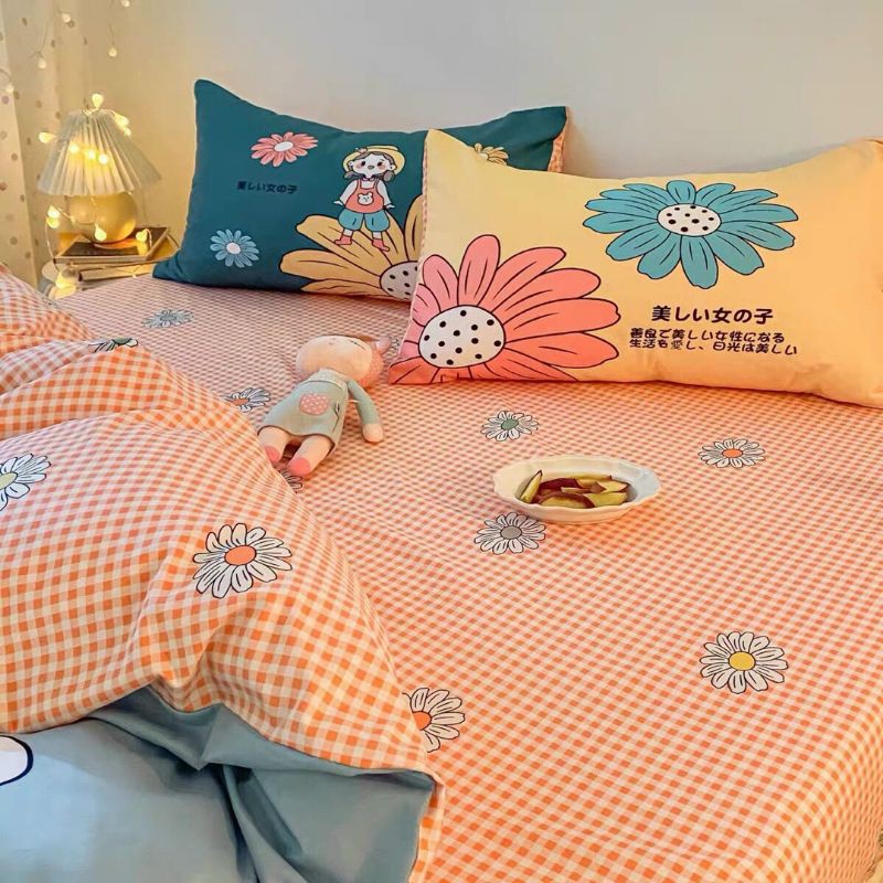 Bộ Chăn Ga Gối Hoa Cúc Cô Bé Cotton Poly