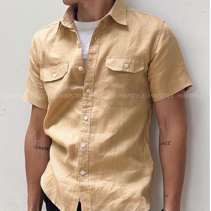 Áo Sơmi Linen Nam Tay Ngắn Có Túi