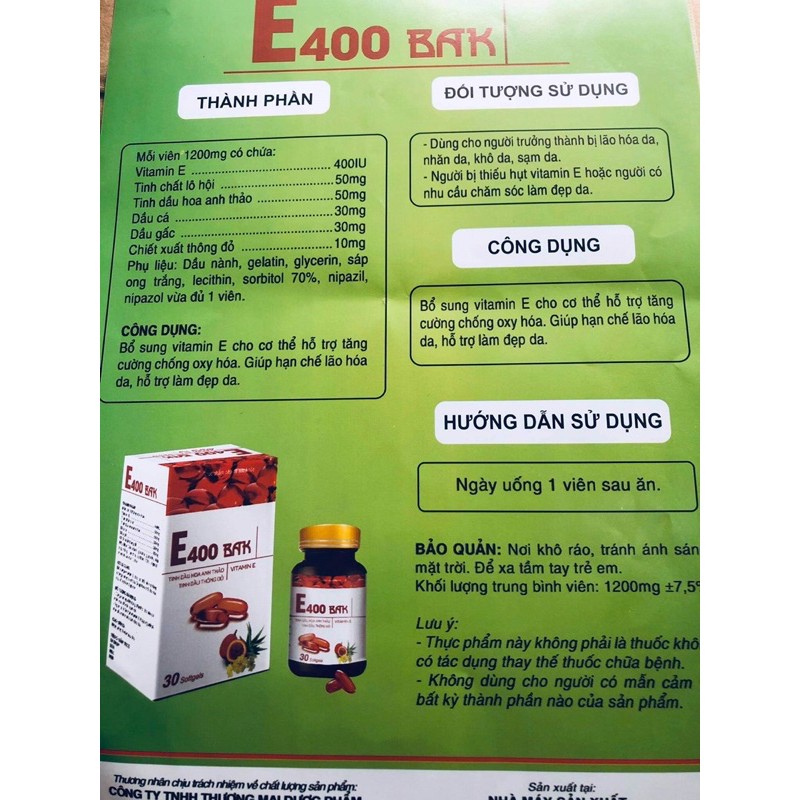 Vitamin E400 bak (tinh dầu hoa anh thảo, tinh dầu thông đỏ, vitamin e - tăng cường chống oxy hoá...