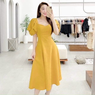 Đầm midi, váy dạo phố màu vàng xoè tay nơ