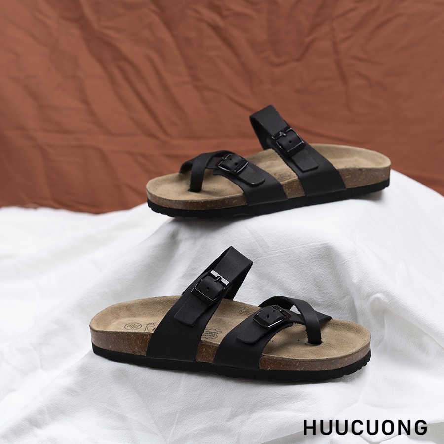 Dép unisex HuuCuong -xỏ ngón pu đen đế trấu handmade