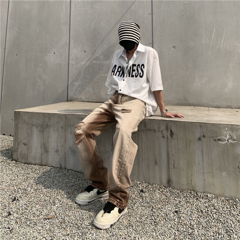 Quần Jean Ống Rộng Màu Gradient Phong Cách Retro Đường Phố Dành Cho Nam