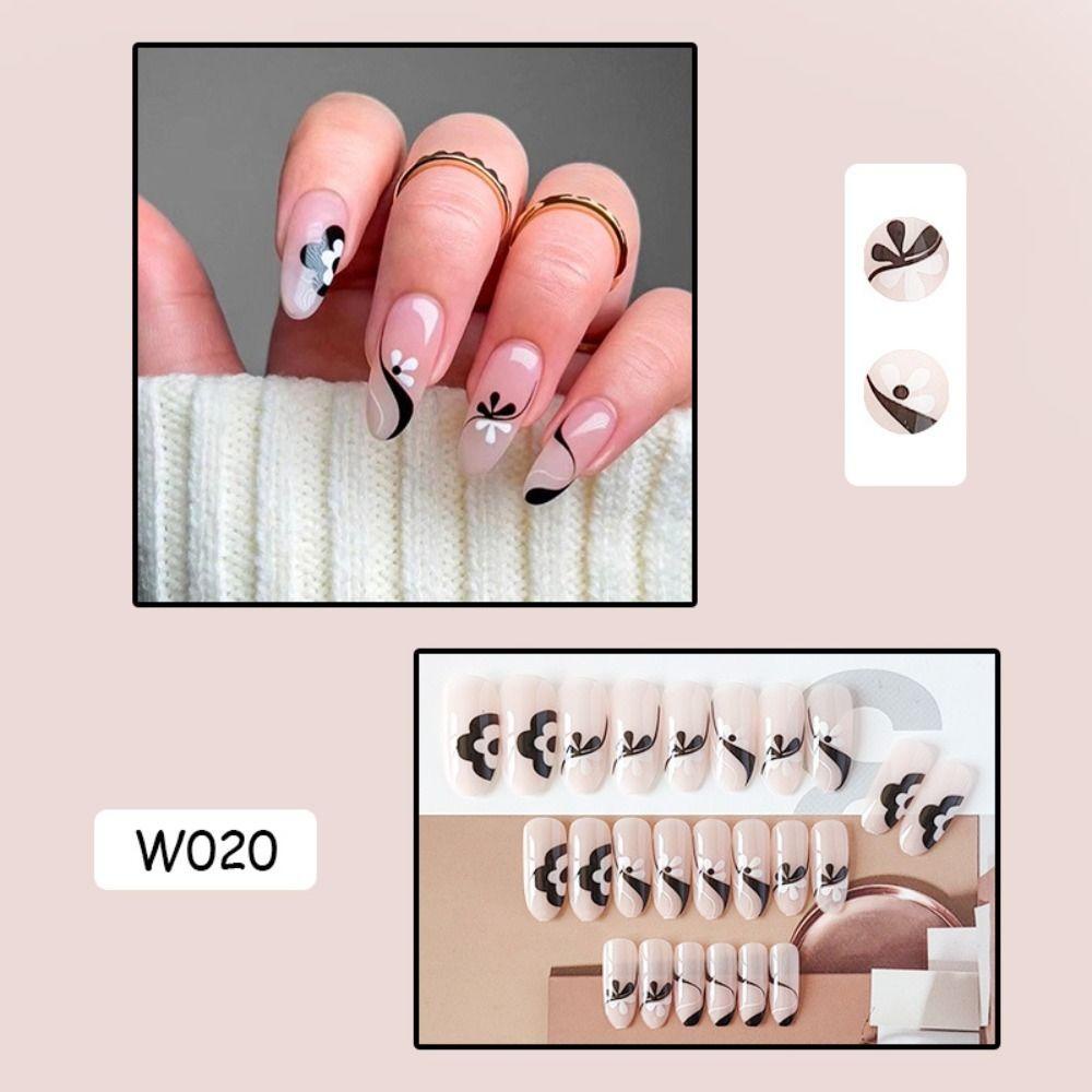 CACTU Set 24 Móng Tay Giả Màu Trắng Đen