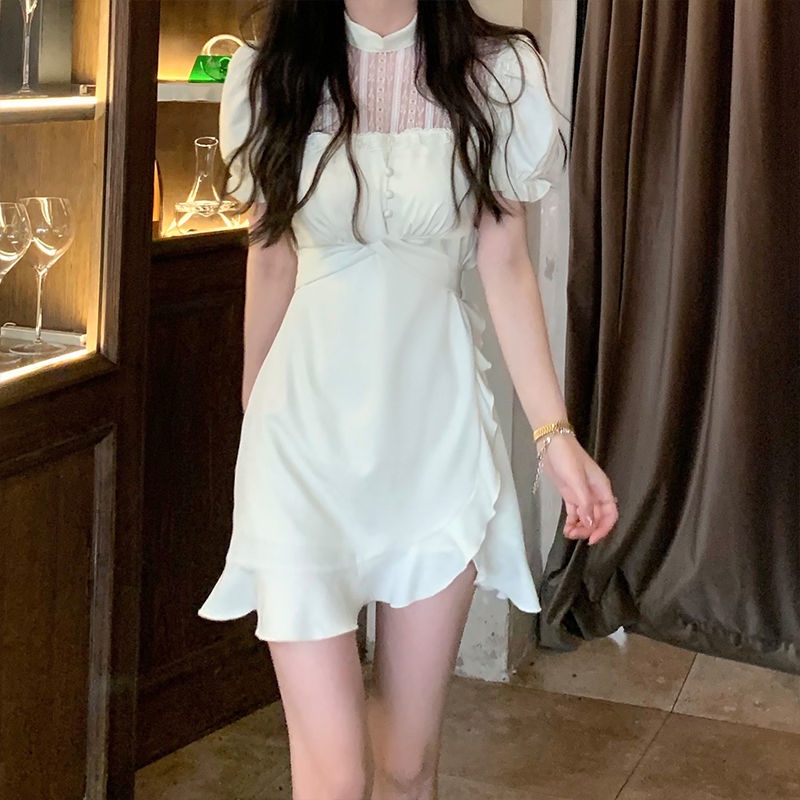 Cổ Phiếu Sẵn Sàng❣Ah F &amp; X Đầm Ren Trắng Tay Ngắn Phong Cách Cổ Điển Retro Mùa Hè