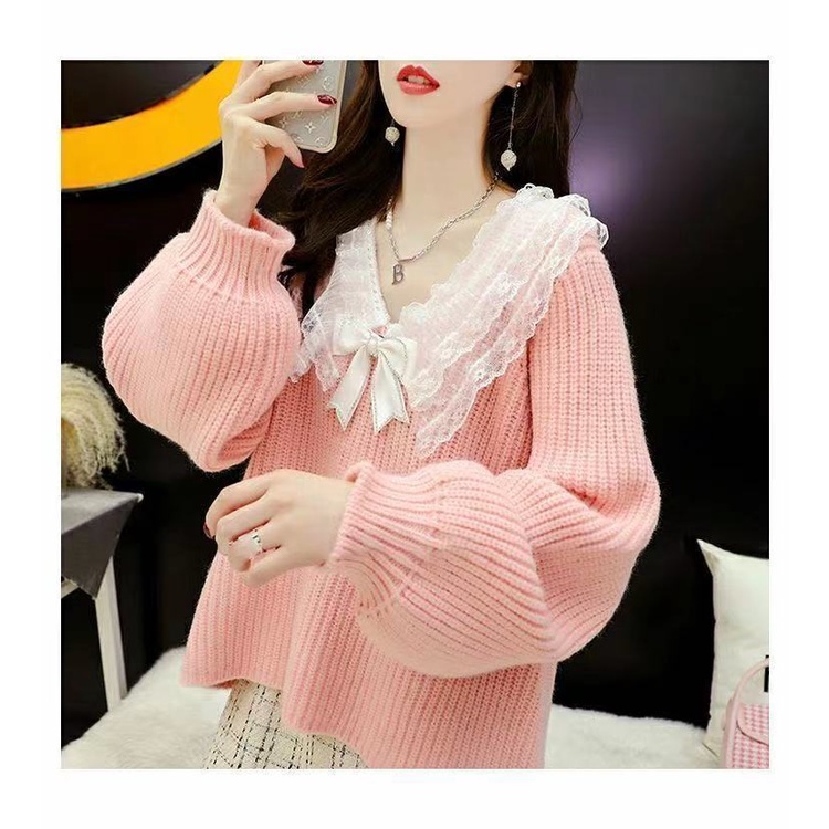 Áo sweater cổ chữ V phối ren thiết kế mới dành cho nữ 2021