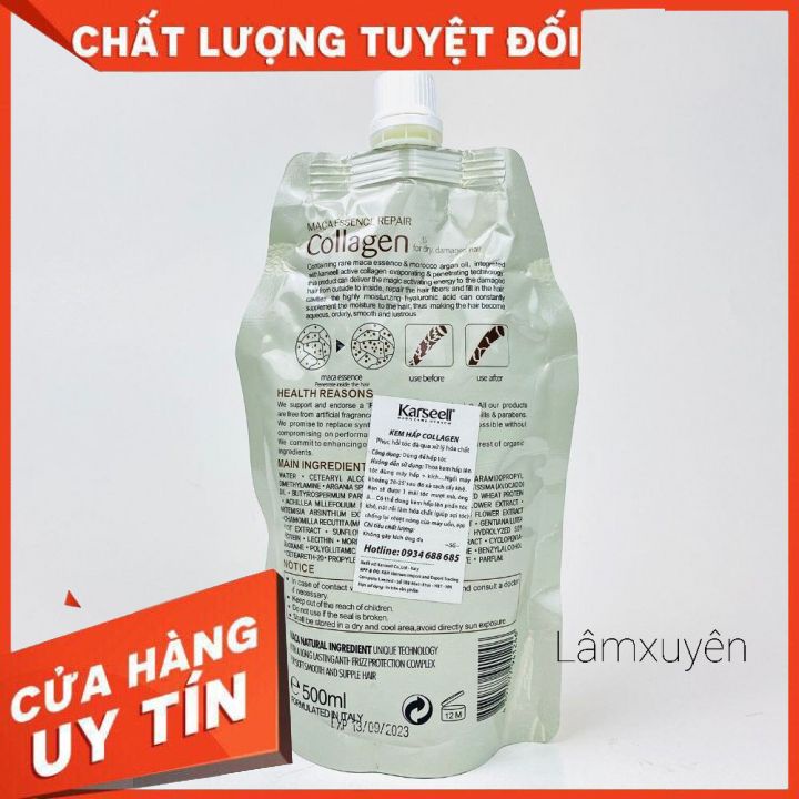 Hấp dầu kem ủ Karseell túi 500ml collagen giá rẻ phục hồi giữ màu tóc hư tổn siêu mềm mượt