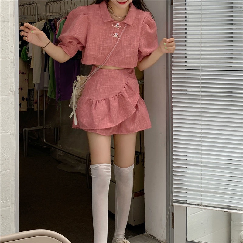 AMOI Set Áo Tay Phồng Kẻ Sọc Ca Rô Phối Chân Váy Xếp Ly Thời Trang 2022 Dễ Thương Cho Nữ