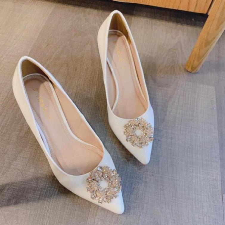 Giày cao gót da bóng đính hoa đá gót nhọn 8p-3 màu hàng đẹp bán shop ! < ;;; ; 🙂
