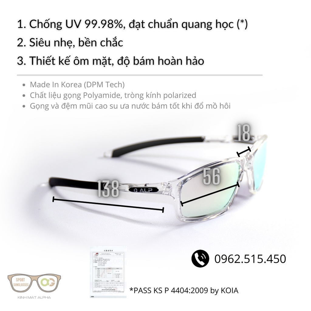 Kính mát thể thao cao cấp ALP mẫu KS-02 CR, Unisex, chống UV, gọng trong suốt, mắt kính màu bạc, sản xuất tại Hàn Quốc