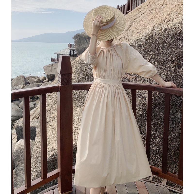 Váy Hở Lưng Buộc Dây 👙FREESHIP👙 Đầm Tay Phồng Nữ Màu Beggi - Thời Trang Biển 2022
