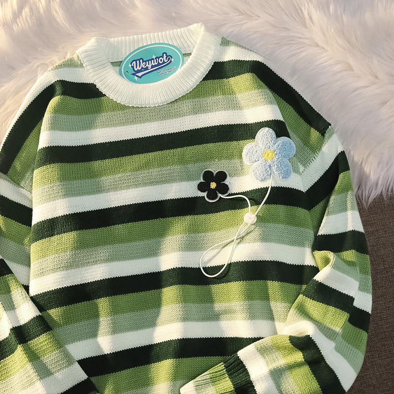 Áo Sweater Dệt Kim Họa Tiết Kẻ Sọc Phong Cách Nhật Bản Thời Trang Thu Đông Cho Cặp Đôi