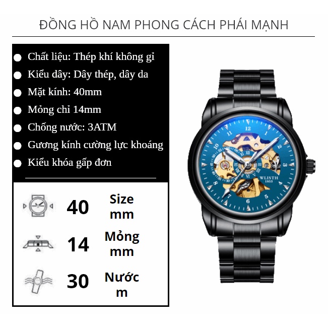 Đồng hồ cơ nam chính hãng đủ phiên bản dây da dây thép, chống nước Wlisth W900, Bộ máy lộ cơ công nghệ Nhật Bản | BigBuy360 - bigbuy360.vn