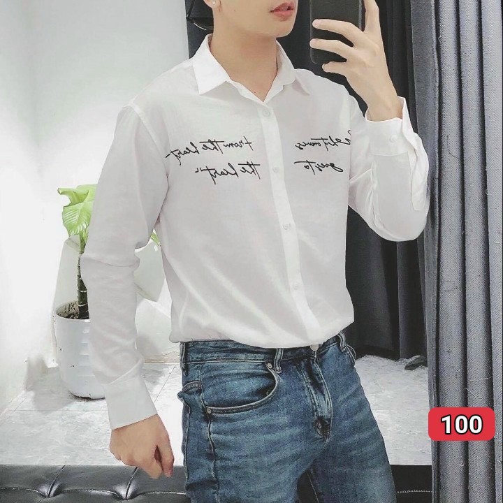 Áo sơ mi nam julido store, áo sơ mi màu trắng tay dài thêu chữ đẹp cao cấp J100