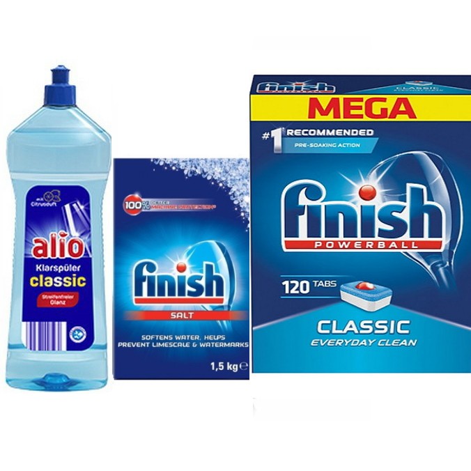 Combo 120 viên rửa bát finish + muối finish 1.5kg + Nước làm bóng alio 1 lít dùng cho máy rửa bát