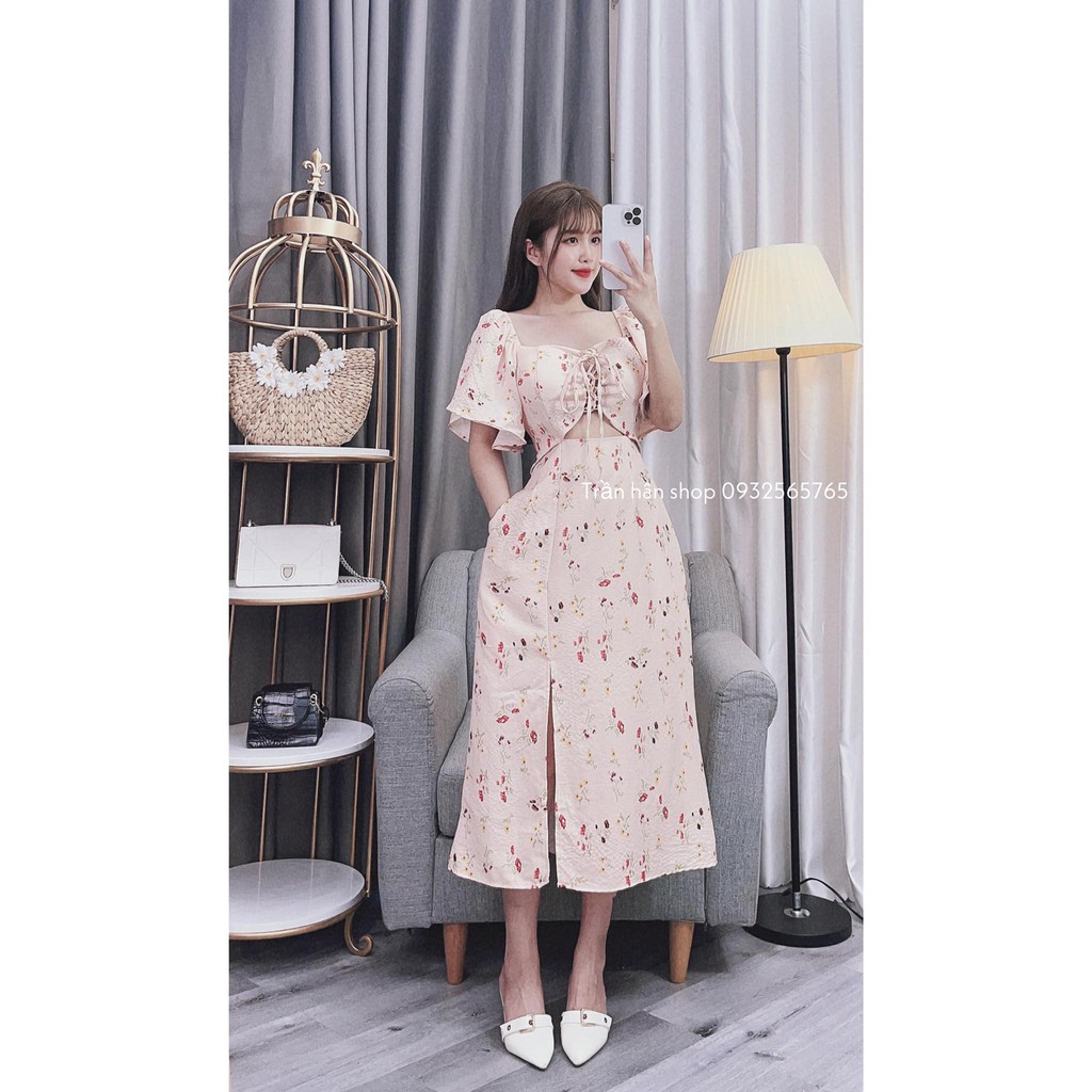 váy đầm hoa (HÌNH THẬT SHOP CHỤP)  đan dây ngực có cúp ngực dáng dài xẻ tà siêu vintage💘3006229