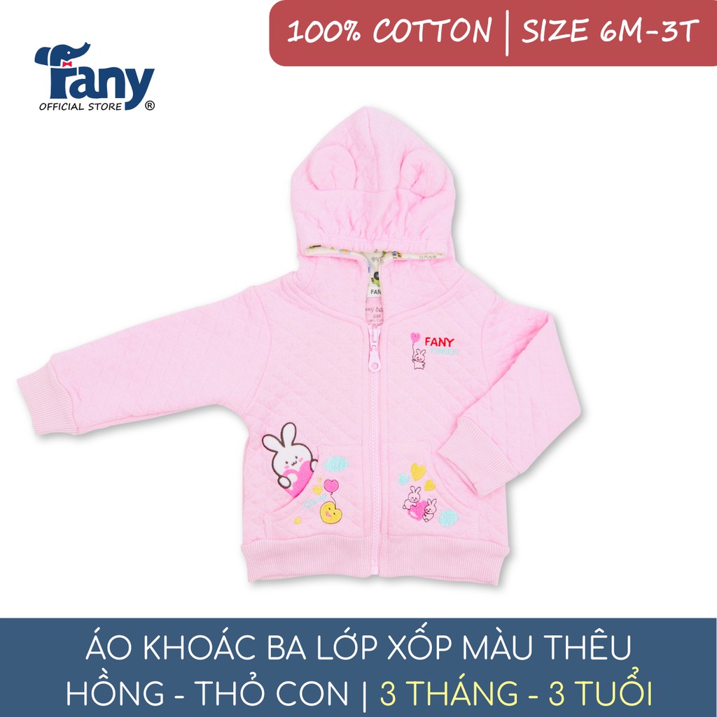 Áo khoác 3 lớp xốp màu thêu Fany® size 6M-3T cho trẻ 3 tháng - 3 tuổi 100% cotton mềm mại giữ ấm tốt điều hòa thân nhiệt