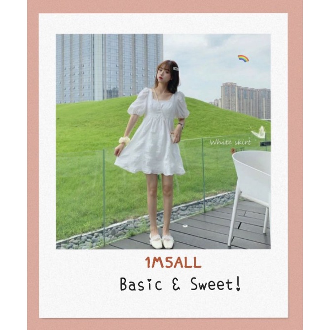 Đầm babydoll trắng cổ vuông tay bồng dáng ngắn và dáng dài