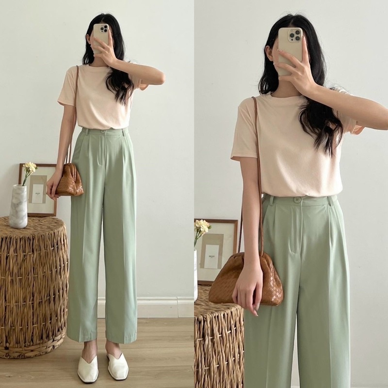 Áo thun gân tăm cổ tròn màu basic