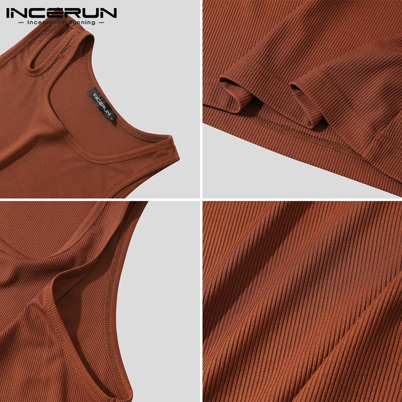 Áo tank top INCERUN không tay cổ tròn phối lỗ phong cách bất đối xứng thời trang dành cho nam