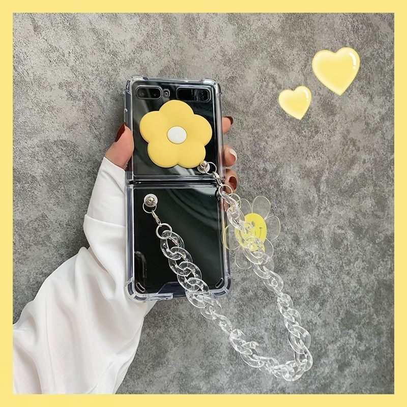 [HOTDEAL] Ốp điện thoại Samsung Z Flip3 / ZFlip3 / Z Flip4/ ZFlip4 trong suốt hoa vàng có dây xách (loại dây ngắn)