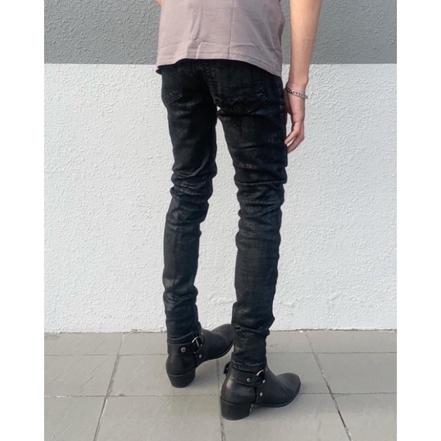 Quần Jeans đen rách gối waxed nhập khẩu | Black Waxed Ripped Jeans
