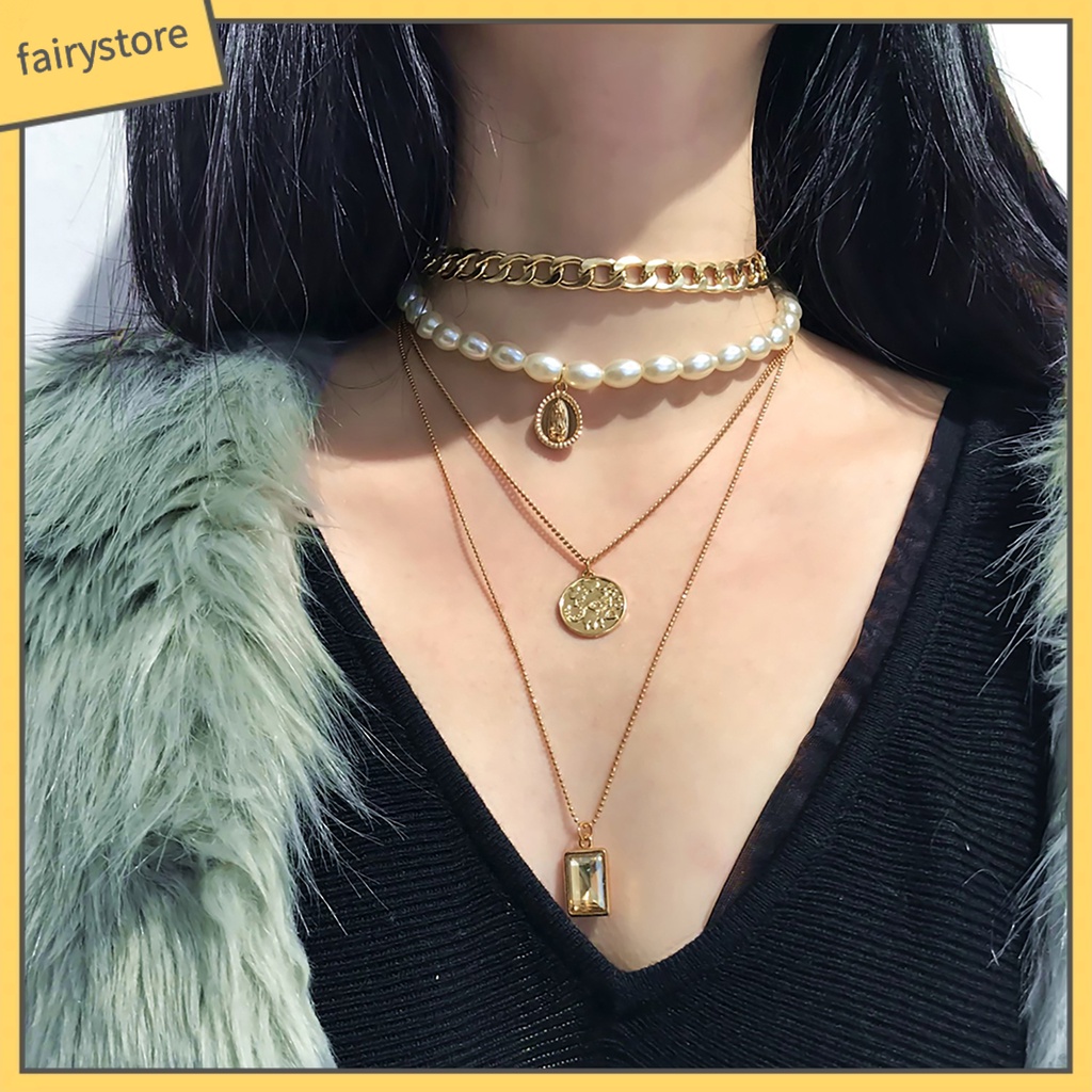 Dây Chuyền Hợp Kim Nhiều Lớp Mặt Hình Đồng Xu Phong Cách Vintage Cho Nữ