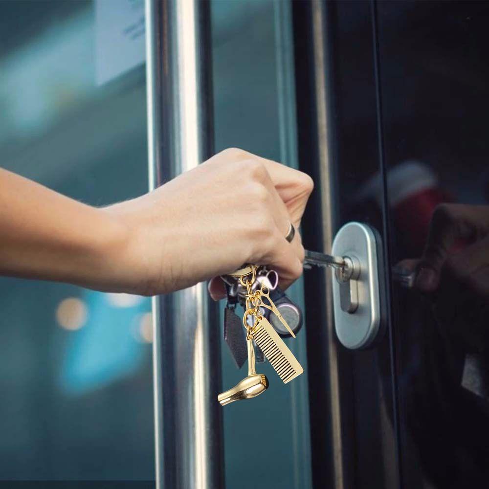 Móc khóa mặt hình lược máy sấy và kéo cắt tóc nhỏ gọn dành cho trang trí xe hơi làm quà tặng nhà tạo mẫu tóc