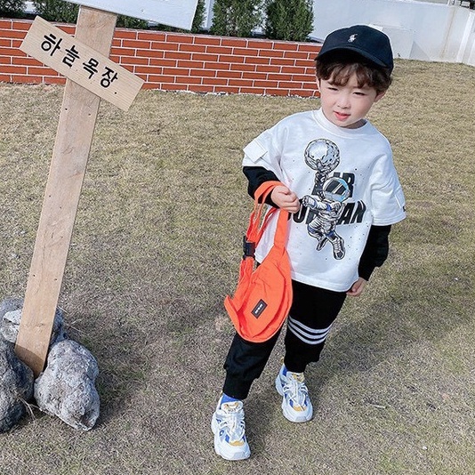 Đồ bộ bé trai, Set thu đông phi công gồm áo phông dài tay thun cotton túi hộp và quần dài jogger 3 vạch cho bé 7-18 kg