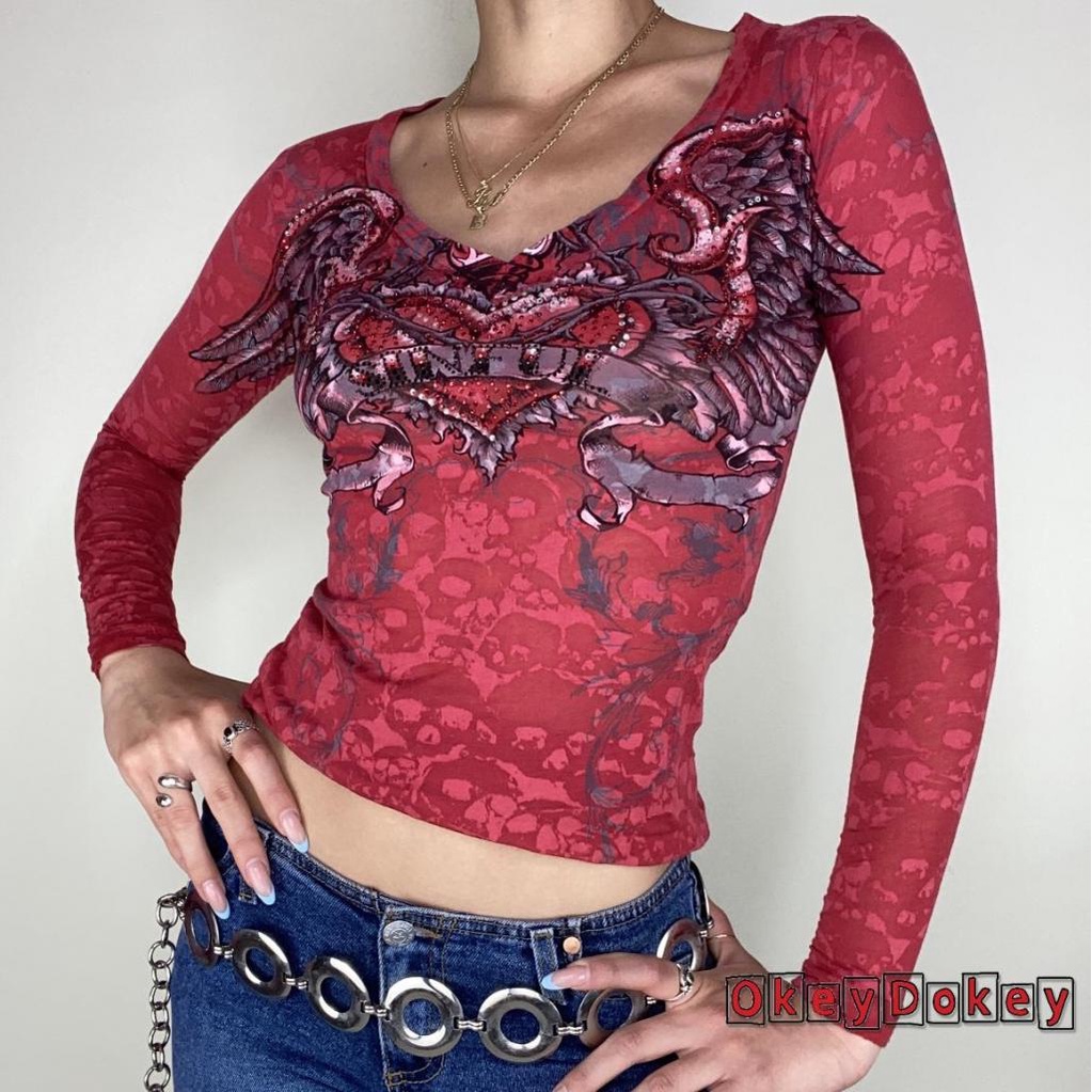 OKDK-Women Sexy Crop Tops Slim-fit Wing Print Long Sleeve V-neck T-shirt