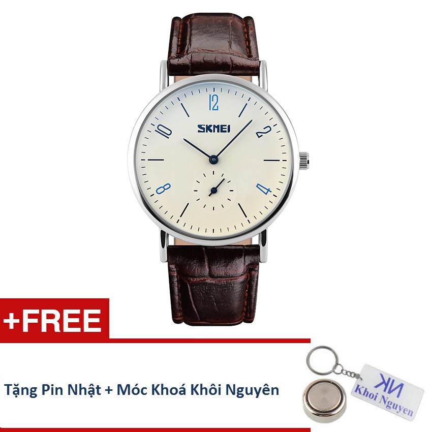Đồng Hồ Nam Skmei 91KCW20 Dây Da (Nâu Mặt Trắng) + Tặng pin Nhật, móc khoá Khôi Nguyên