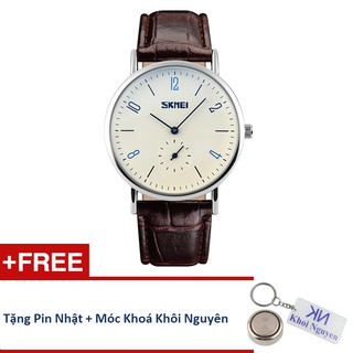 Đồng Hồ Nam Skmei 91KCW20 Dây Da (Nâu Mặt Trắng) + Tặng pin Nhật, móc khoá Khôi Nguyên