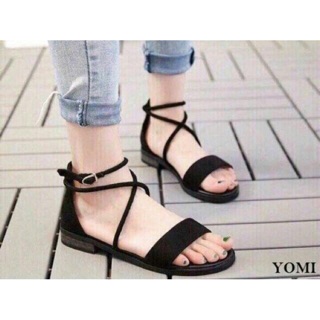 Sandal quai ngang nhung dây chéo