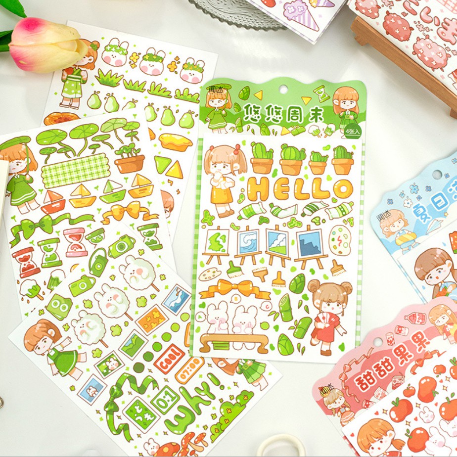 Set 4 tấm sticker mẫu cô bé chibi màu sắc rực rỡ