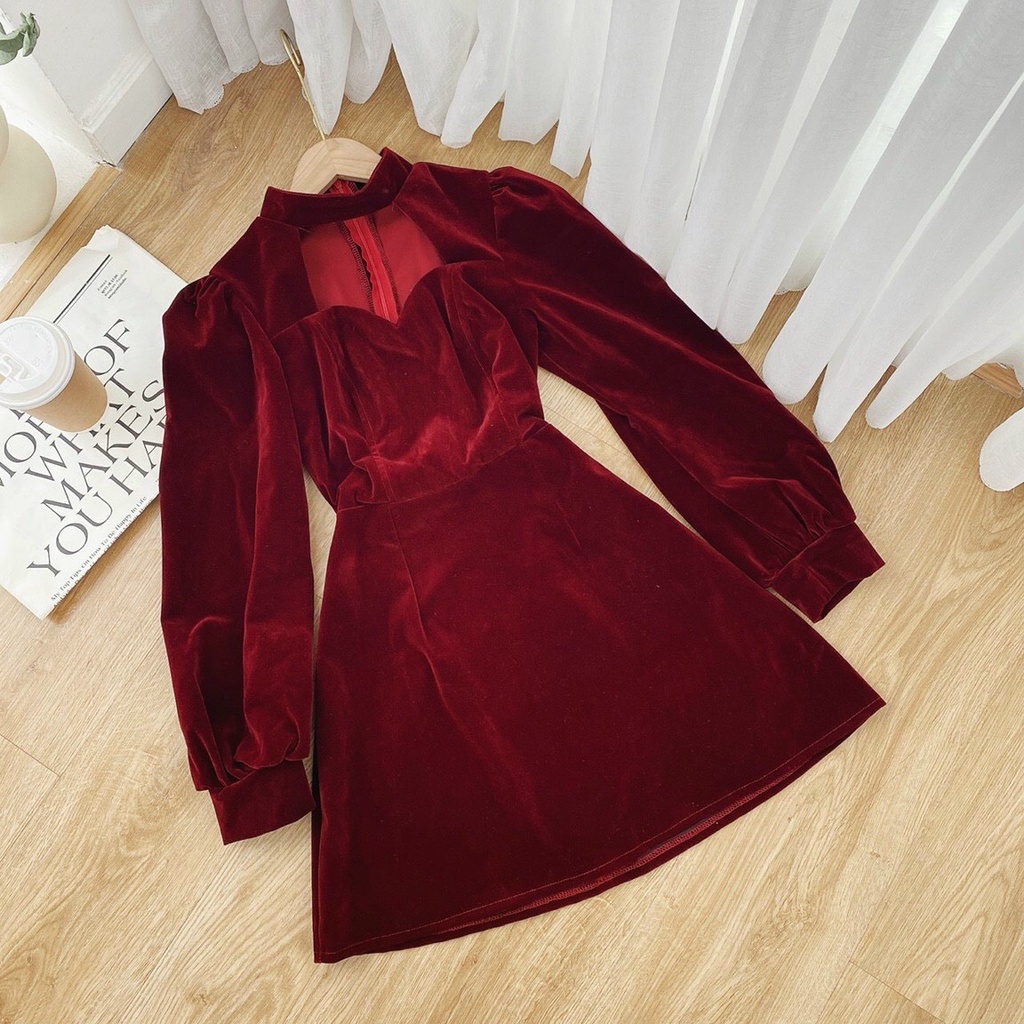 Váy Nhung Nữ Đỏ Đầm Chocker Cổ Tay Bồng Hở Ngực Tôn Dáng Sang Chảnh. | BigBuy360 - bigbuy360.vn