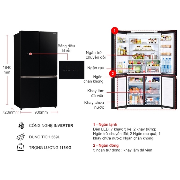 Tủ Lạnh Hitachi Inverter 569 Lít R-WB640VGV0 4 Cánh