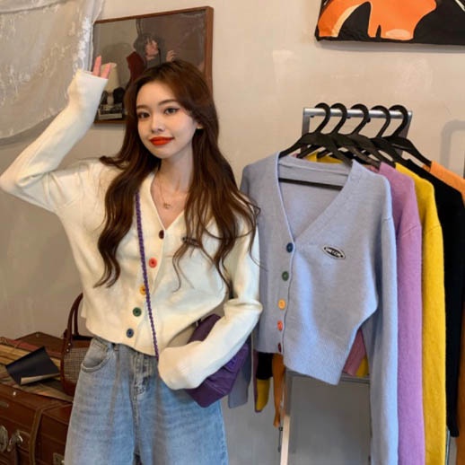 Áo Khoác Cardigan Dệt Kim Tay Dài Cổ Chữ V Nhiều Màu Sắc Phong Cách Hàn Quốc Cho Nữ