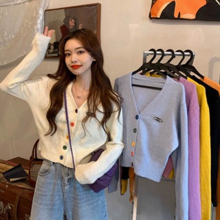 Áo Khoác Cardigan Dệt Kim Tay Dài Cổ Chữ V Nhiều Màu Sắc Phong Cách Hàn Quốc Cho Nữ