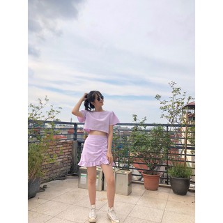 (VNXK) SET ÁO ĐŨI CROPTOP TÍM MIX CHÂN VÁY NỮ MÀU TÍM ĐUÔI BÈO - CHÂN VÁY ĐŨI ĐUÔI CÁ DÚM CHUN BÈO TÍM