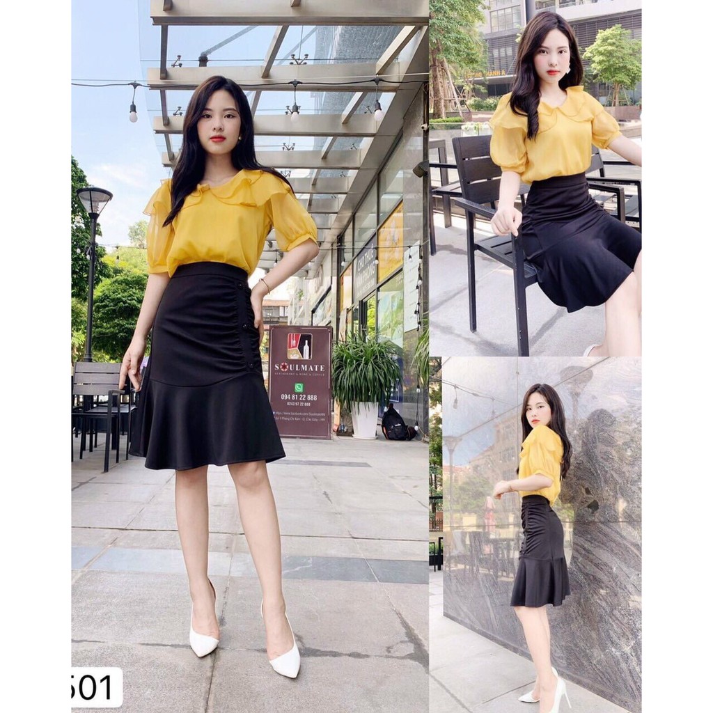 Set Áo Lụa Cổ Bèo Tay Lỡ Và Chân Váy Đuôi Cá