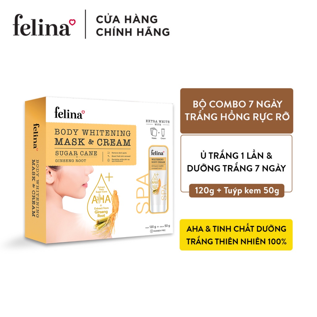 Combo mặt nạ ủ trắng da toàn thân AHA từ đường mía Felina 120g và kem dưỡng trắng da toàn thân 50g tinh chất Nhân sâm | BigBuy360 - bigbuy360.vn