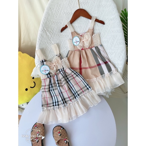 Xả Váy kẻ nơ 2 dây bản to cho bé gái