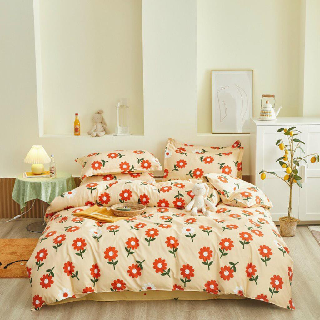 Bộ chăn ga gối drap giường chất cotton poly họa tiết hướng dương cam