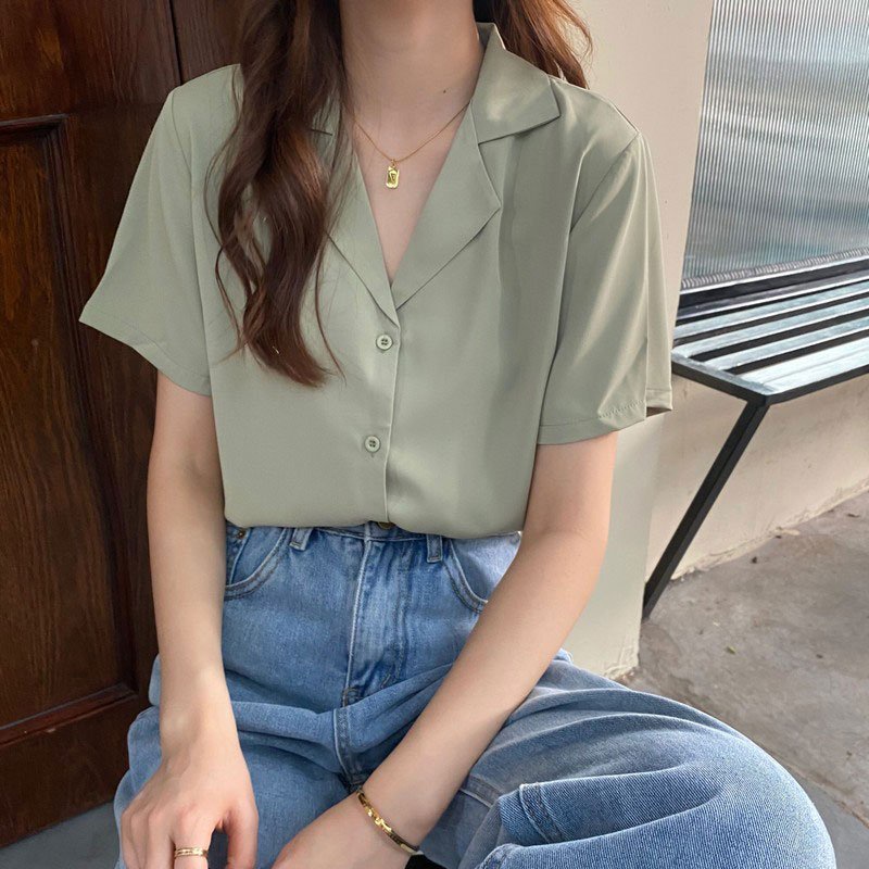 Áo sơ mi nữ cộc tay cổ vest màu trơn pastel - áo sơ mi cộc tay trơn nhiều màu dáng rộng cổ vest nữ